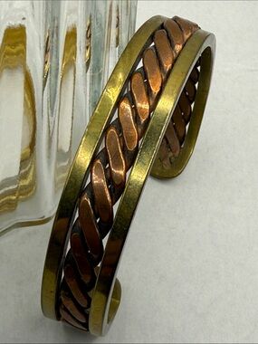 Vintage Two-Tone Braided Metal Cuff Bracelet - Copper & Brass thick heavy piece